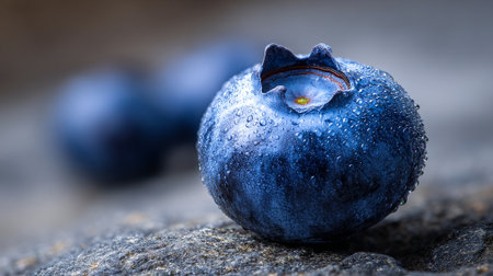 Dewy Delight: A Fresh Blueberry Resting Gently on Rough Stone Surfaceの素材