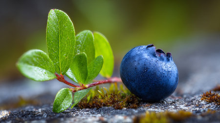 Detailed shot of a fresh blueberry with leaves and moss, natural foodの素材