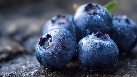 Fresh Blueberries with Water Droplets Sitting on a Dark, Textured Surfaceの素材