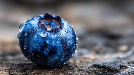 Fresh Blueberry with Dew Drops Sparkling on a Textured Surfaceの素材