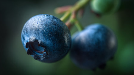 Dew kissed blueberries on the vine in a summer garden setting.の素材
