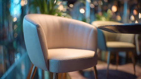 Serene indoor scene featuring elegant seating and subtle, sophisticated bokeh lightsの素材