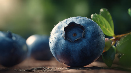Fresh Blueberries with Dew Drops in Natural Setting, Beautifully Illuminatedの素材