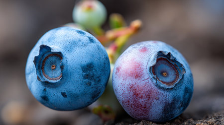 Two ripe blueberries resting against the ground showing exquisite detailの素材