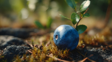 Single vibrant blueberry resting on textured moss under sunlight.の素材