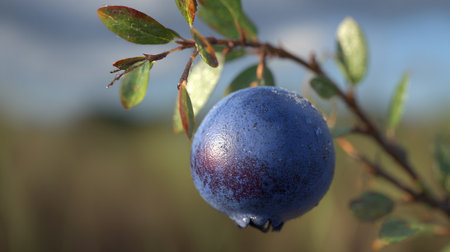Close Encounter with a Wild Blueberry: Nature's Tiny Jewel on Branchの素材