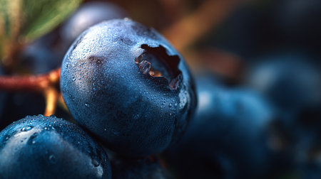 Fresh Blueberries with Dew Drops Showcasing Vibrant Color and Juicy Textureの素材