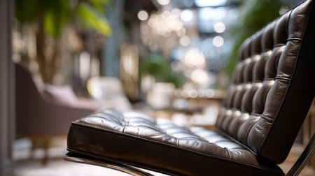 Elegant Brown Leather Armchair Seat Detail in a Modern Interior Settingの素材