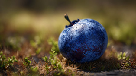 Single blueberry resting in a natural grassy environment basking in lightの素材