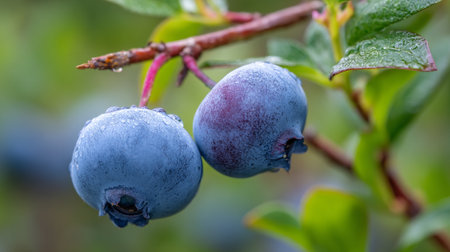 Two Dew-Kissed Blueberries Hanging on the Branch in a Natural Settingの素材