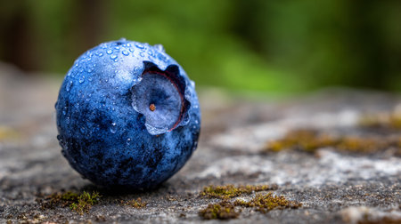 Macro Image Captures a Single Blueberry with Droplets in Sharp Detailの素材