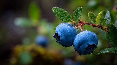 Refreshing blueberries adorned with glistening droplets, captured in a natural outdoor settingの素材