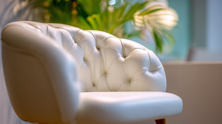 Elegant White Leather Armchair Detail with Tufted Back and Blurred Plantの素材
