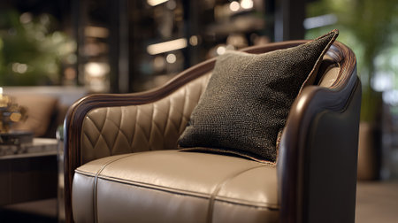 Luxurious armchair detail with a textured cushion and elegant wood trimの素材