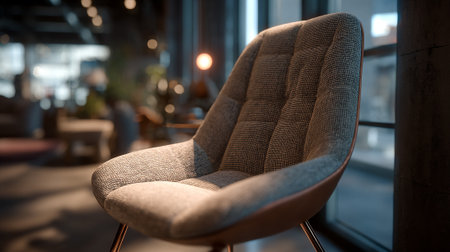 Stylish mid-century modern chair in a softly lit sophisticated interior spaceの素材