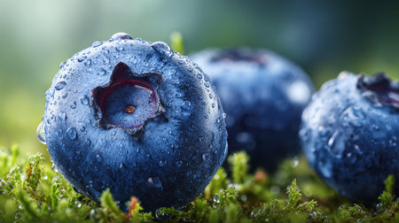 Fresh Blueberries with Water Droplets on Moss: Natural Still Life Sceneの素材