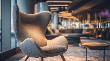 Serene Comfort: A modern armchair nestled in a tranquil, upscale loungeの素材