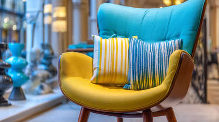 Stylish Accent Chair with Striped Pillows Enhancing Modern Interior Designの素材