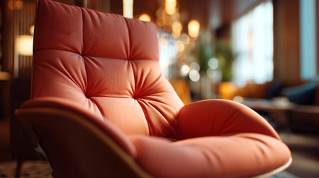 Stylish orange lounge chair beckons relaxation with blurred background ambiance and golden lighting.の素材