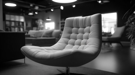 Elegant Monochrome Interior Featuring a Tufted Chair in a Stylish Room Settingの素材