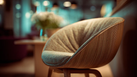 Stylish modern chair with wood frame and teal cushion in a serene room.の素材