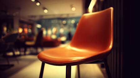 Stylish orange chair in a softly lit cafe, creating inviting ambienceの素材