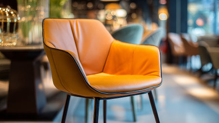 Elegant Interior Design: A Vibrant Orange Chair Amidst a Blurred Backgroundの素材