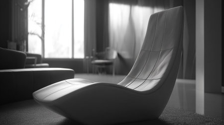 Elegant grayscale interior featuring a modern lounge chair in a well-lit roomの素材