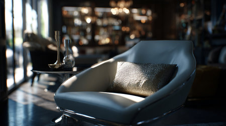Elegant Interior Design: Sleek Armchair with Luxurious Pillow in a Modern Settingの素材