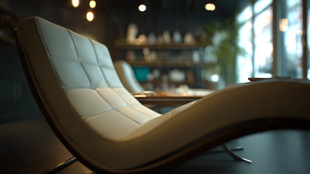 Modern minimalist chaise lounge chair in a bright and serene workspace.の素材
