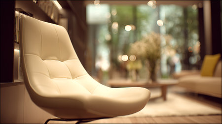 Elegant white armchair amidst a contemporary living room setting with blurred backgroundの素材