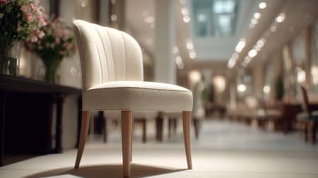 Elegant cream-colored chair amidst blurred interior, showcasing sophisticated design and calming ambianceの素材