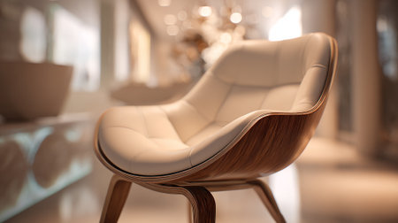 Stylish modern armchair with wooden frame and leather seat in living room.の素材
