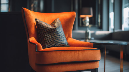 Elegant orange armchair with decorative pillow, modern furniture interior design.の素材