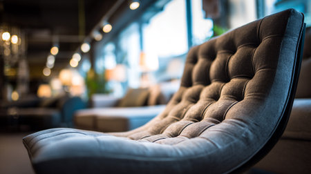 Stylish charcoal upholstered chair in modern interior with blurred background detailsの素材