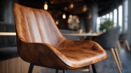 Elegant Brown Leather Chair in Stylish Restaurant with Blurred Backgroundの素材
