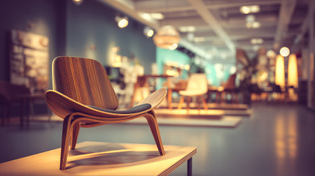 Modern Furniture Showcase: A Stylish Wooden Chair in a Contemporary Showroomの素材