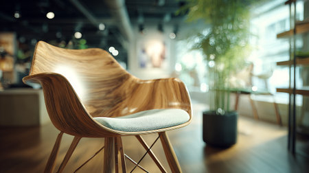 Modern wooden chair with light gray cushion in a bright interior setting.の素材