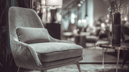 Elegant grey lounge chair in a modern room with soft lighting.の素材