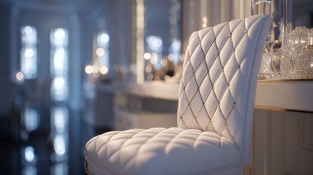 Exquisite White Quilted Chair in Glamorous Dressing Room with Luxurious Accentsの素材
