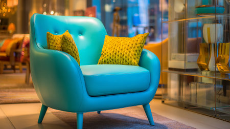 Modern Teal Armchair with Yellow Throw Pillows in a Stylish Interior Settingの素材