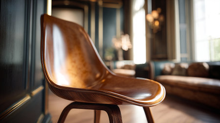 Elegant brown leather chair in a refined, luxurious living room settingの素材