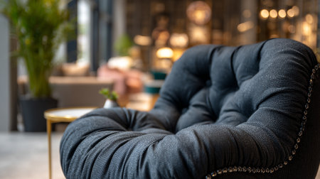 Dark Blue Tufted Armchair with Decorative Nailhead Trim in a Modern Interiorの素材