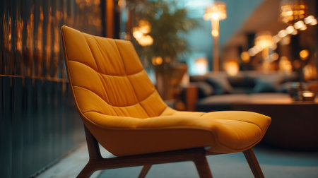 Modern yellow chair in a warm, inviting, and stylish interior space.の素材