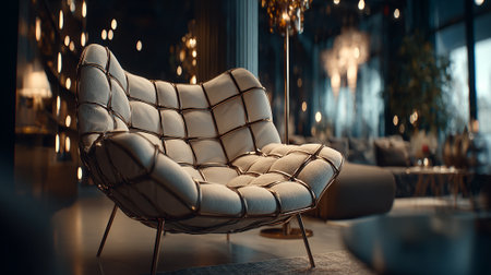 Elegant lounge chair featuring a unique metallic frame in a modern interior settingの素材