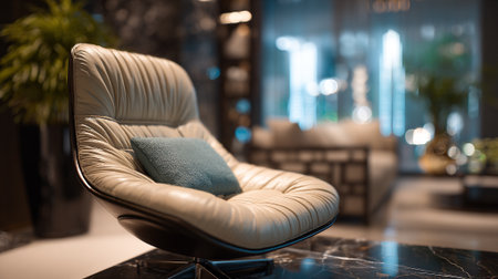 Comfortable luxurious leather armchair with a soft blue cushion inside a home.の素材