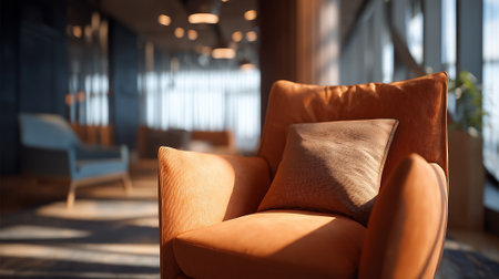 Stylish orange armchair with cushion bathed in natural light within a modern interiorの素材