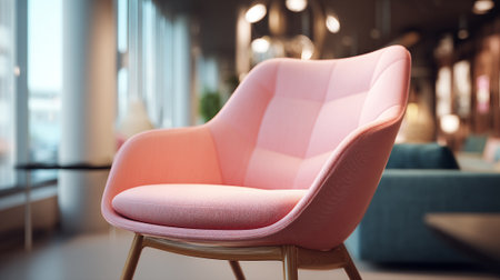 Modern pink armchair in a bright waiting area providing luxurious comfort.の素材