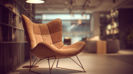 Stylish leather armchair near a bookshelf, illuminated by a floor lampの素材