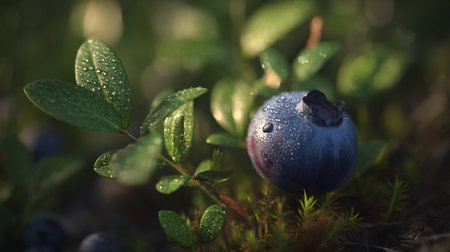 Dew kissed wild blueberry among the green leaves of the forest floor.の素材